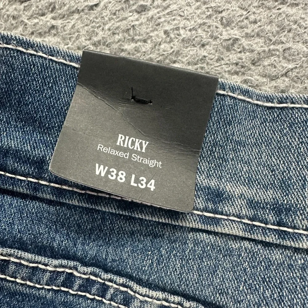 True Religion Ricky Jeans Men 38x34 Blue Cotton Denim Straight Relaxed Fit Faded